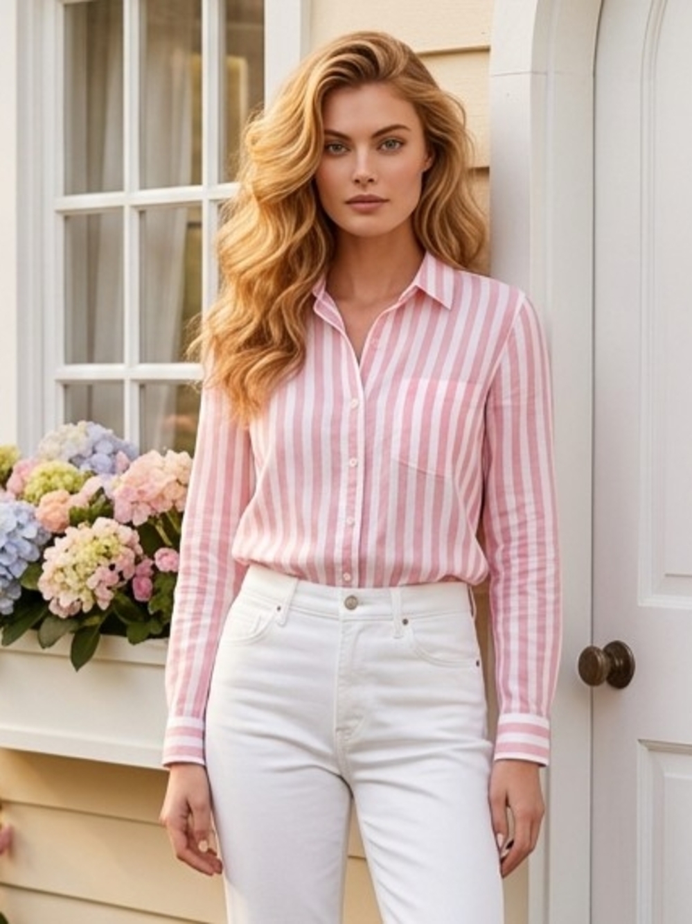 J.Crew Pink and White Vertical Striped Linen Blend Long-Sleeved Blouse M